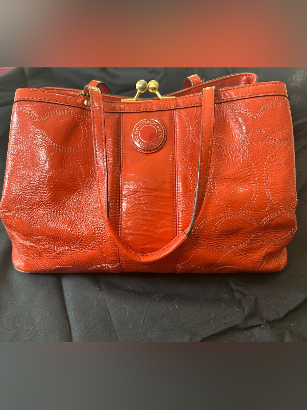 Vintage Coach Coral Orange Poppy Stitched Patent Leather Kisslock Tote Bag Y2K